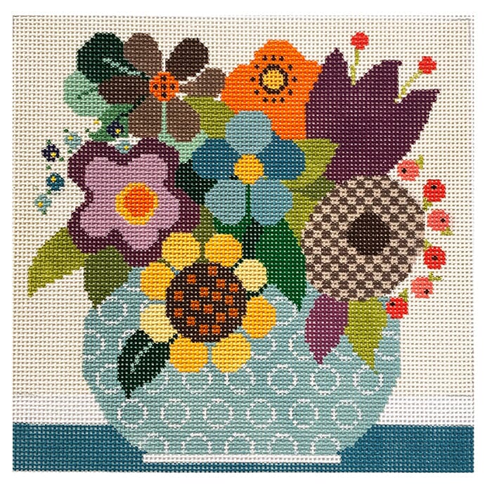 Flowers in Teal Vase Painted Canvas NeedleDeeva - 1
