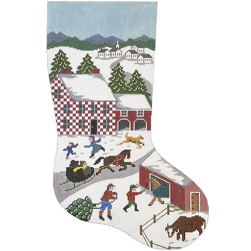 Folk Art Village Stocking Painted Canvas The Colonial Needle Company - 1