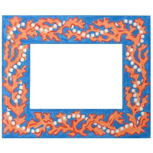 Frame Bright Coral/Pearls on Bright Blue Painted Canvas Kate Dickerson Needlepoint Collections - 1