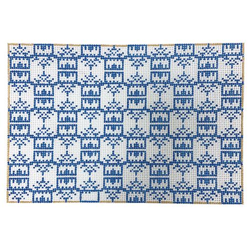 French Blue Pagoda Print Clutch Painted Canvas Anne Fisher Needlepoint LLC - 1