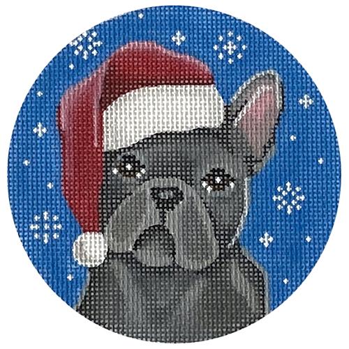 French Bulldog Santa Round - Gray Painted Canvas Pepperberry Designs