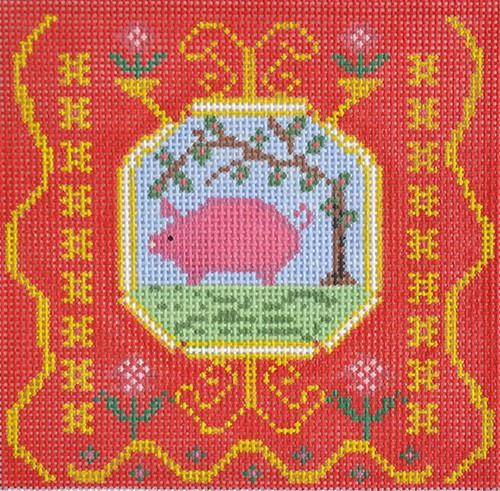 French Tile Pig Painted Canvas Birds of a Feather - 1
