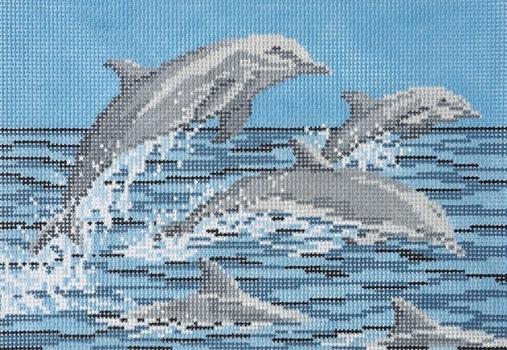 Frolicking Dolphins on 13 Painted Canvas Needle Crossings - 1