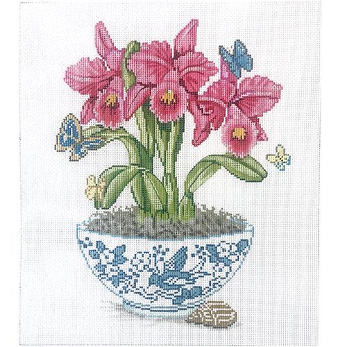 Fuchsia Orchids in Blue & White Vase Painted Canvas Alice Peterson Company - 1