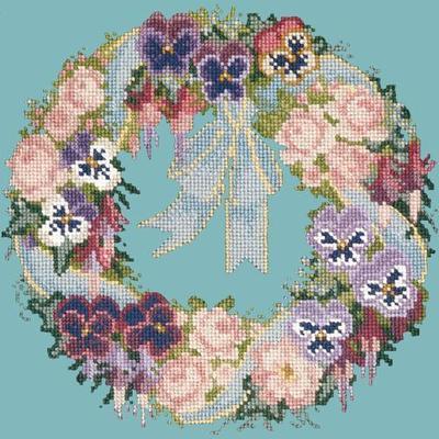 Garland of Pansies Needlepoint Kit Kits Elizabeth Bradley Design Duck Egg Blue