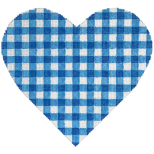 Gingham Heart Large Blue Painted Canvas SilverStitch Needlepoint - 1