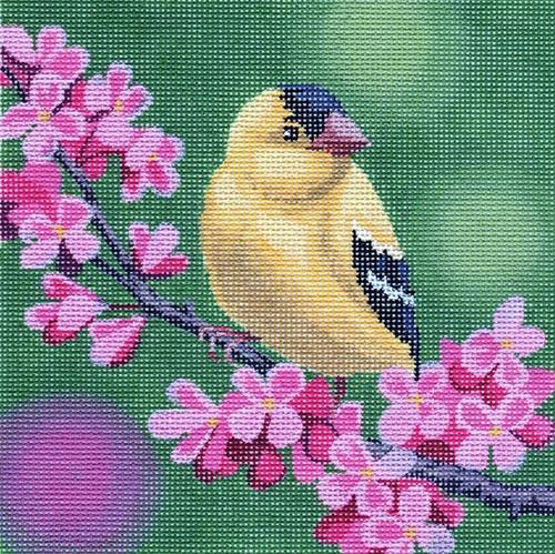Gold Finch on Cherry Blossoms Painted Canvas Labors of Love Needlepoint - 1