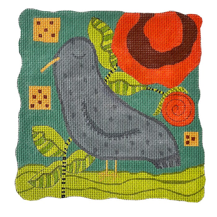 Gray Bird and Orange Flower Painted Canvas ditto! Needle Point Works - 1