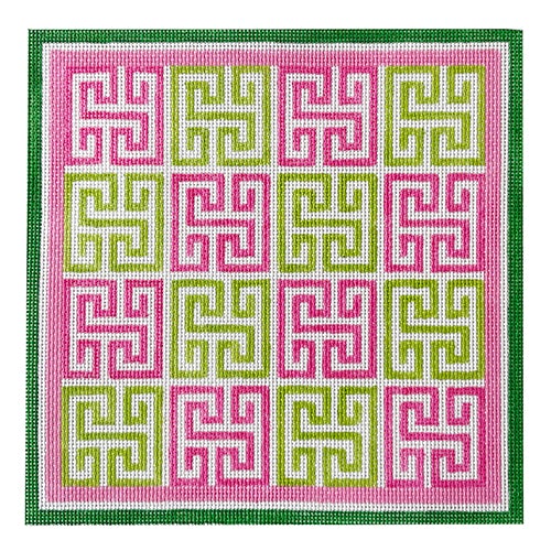 Greek Square Key Pillow in Pinks & Greens Painted Canvas Chris Lewis Distributing - 1