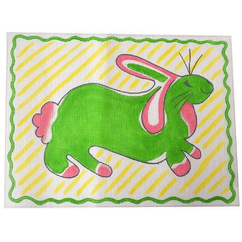 Green Bunny with Yellow Stripes Painted Canvas Kate Dickerson Needlepoint Collections