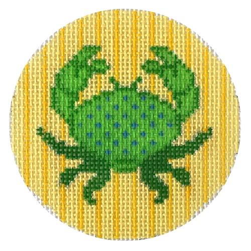 Green Crab 3" Round Painted Canvas Two Sisters Needlepoint