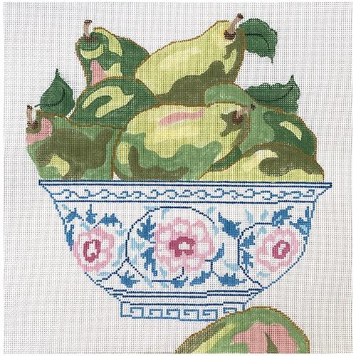 Green Pears in Blue Bowl Painted Canvas Jean Smith
