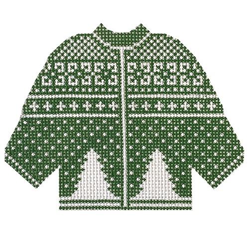 Green Xmas Tree Sweater Ornament Painted Canvas Silver Needle - 1
