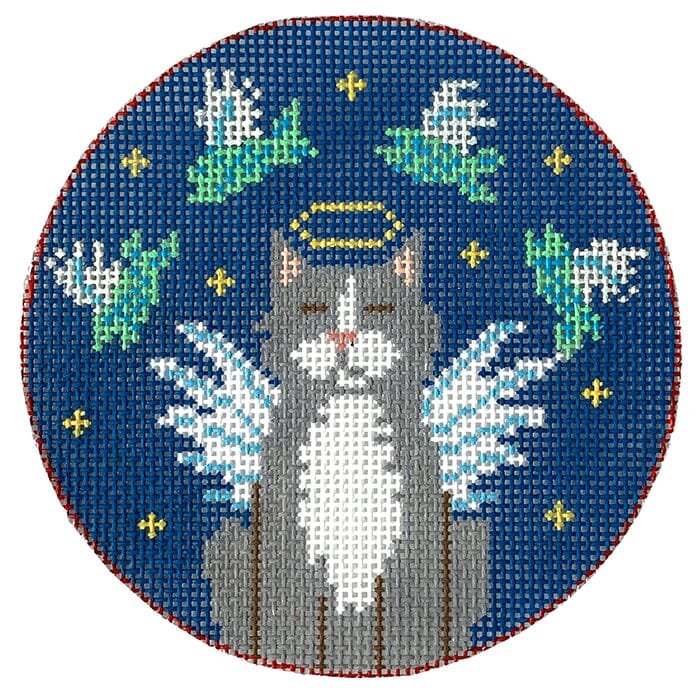 Grey Angel Cat w Fish Ornament Painted Canvas CBK Needlepoint Collections - 1