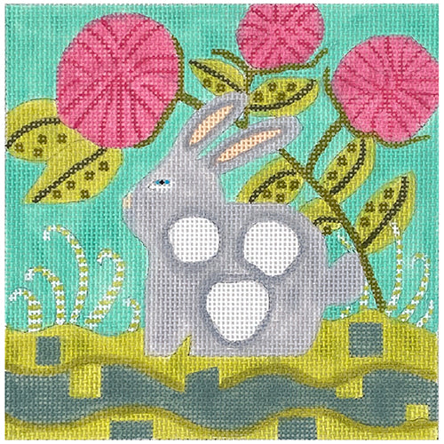 Grey Bunny in Garden Painted Canvas ditto! Needle Point Works 