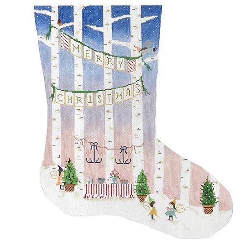 A needlepoint stocking kit called Merry Christmas Trees. The needlepoint  kit comes with cotton floss and is suitable for a beginner to stitch. –  Needlepoint For Fun