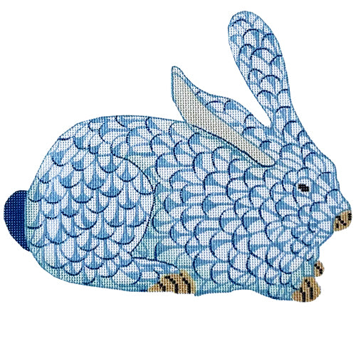 Herend Inspired Crouching Bunny - Blue Facing Right Painted Canvas Kate Dickerson Needlepoint Collections