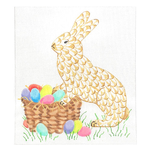 Herend Inspired Easter Bunny with Basket of Eggs - Golden Painted Canvas Kate Dickerson Needlepoint Collections 