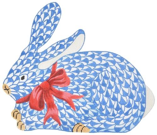 Herend Style Crouching Bunny with Red Bow - Blue Painted Canvas Kate Dickerson Needlepoint Collections