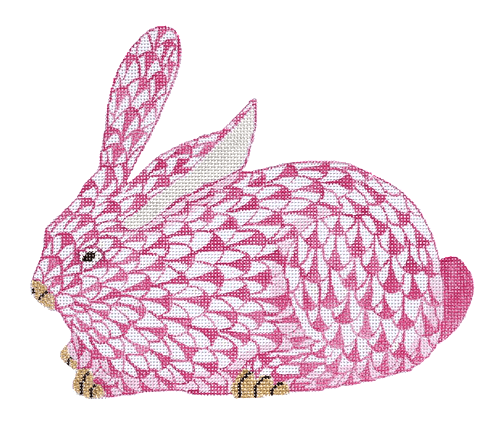 Herend Style Fishnet Crouching Bunny Pink Painted Canvas Kate Dickerson Needlepoint Collections - 1