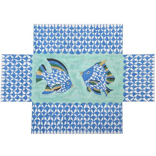 Herend Style Tropical Fish Brick Cover in Blue Painted Canvas Kate Dickerson Needlepoint Collections - 1