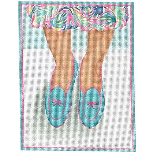 Here's Looking at Shoe - Belgian Loafers w/ Lilly Dress - Turquoise & Hot Pink Painted Canvas Kate Dickerson Needlepoint Collections