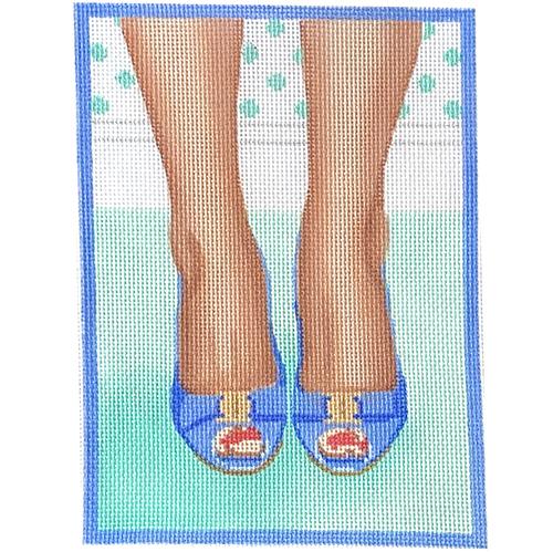 Here's Looking at Shoe Ferragamo Style Peep Toe Heels Periwinkle, Gold, Turquoise Painted Canvas Kate Dickerson Needlepoint Collections - 1