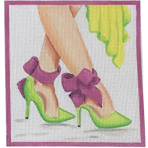 Here’s Looking at Shoe High Heels with Ankle Strap Bows Lime and Orchid Painted Canvas Kate Dickerson Needlepoint Collections - 1