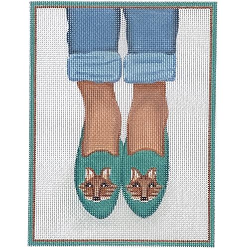 Here's Looking at Shoe - Needlepoint Fox Head Loafers - Tan/Teal Painted Canvas Kate Dickerson Needlepoint Collections 