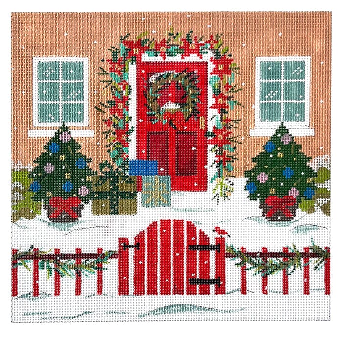 Holiday House with Red Fence Painted Canvas Alice Peterson Company