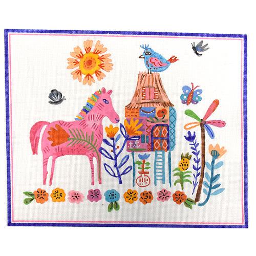 House on Stilts w/ Pink Horse Multi Color Painted Canvas Kate Dickerson Needlepoint Collections - 1