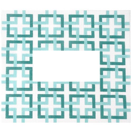 Interlocking Squares w/ Monogram Space Two tone Aquas Painted Canvas Kate Dickerson Needlepoint Collections - 1