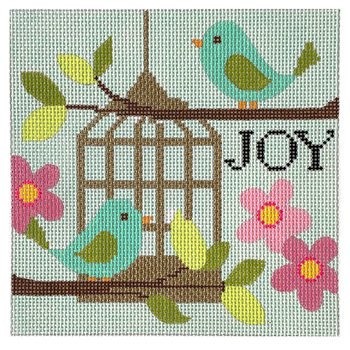 Joy Birds and Birdcage on 13 mesh Painted Canvas Eye Candy Needleart - 1