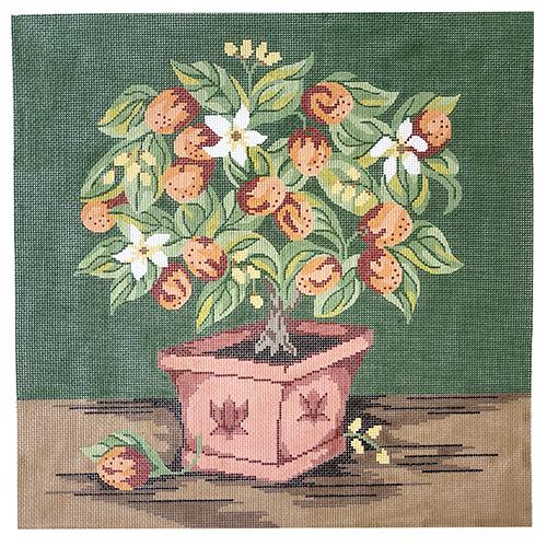 Kumquat Topiary Tree Pillow Painted Canvas Silver Needle - 1