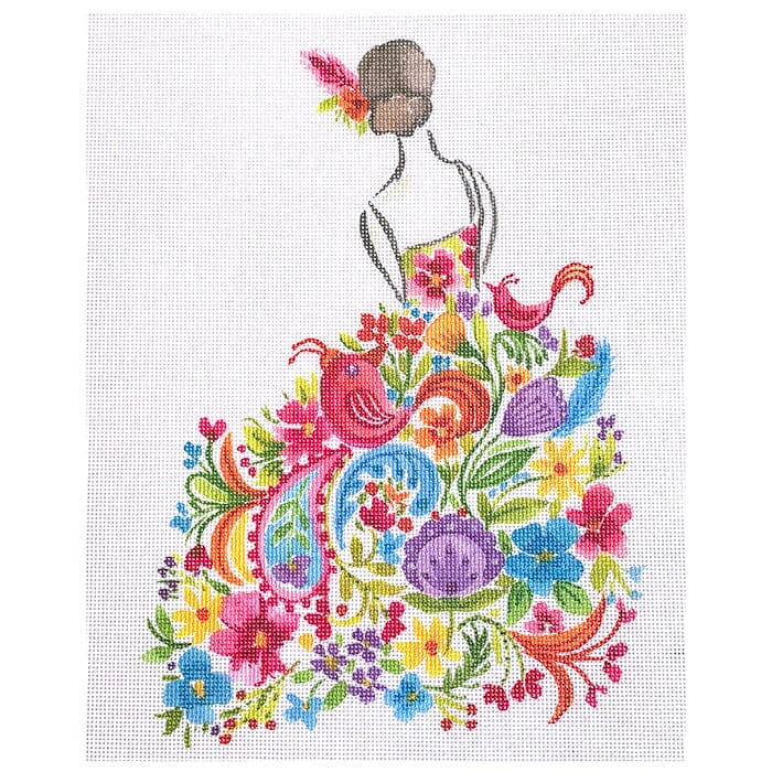 Lady with Pink Bird Painted Canvas All About Stitching/The Collection Design - 1