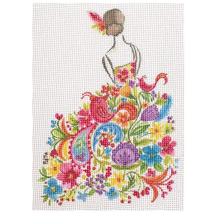 Lady with Pink Flowers Painted Canvas All About Stitching/The Collection Design - 1