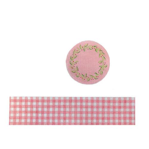 Large Round Pink Gingham Box w/ Floral Vine Painted Canvas Kate Dickerson Needlepoint Collections - 1