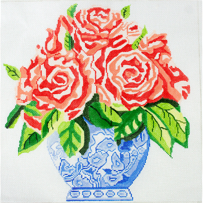 Lg Blue Vase of Roses JS Painted Canvas Jean Smith - 1
