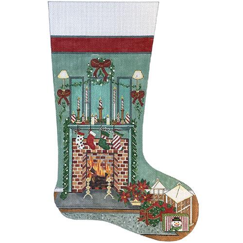 Living Room Scene Christmas Fireplace Stocking Painted Canvas Alice Peterson Company - 1
