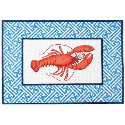 Lobster w/ Chinoiserie Border Reds & Blues Painted Canvas Kate Dickerson Needlepoint Collections - 1