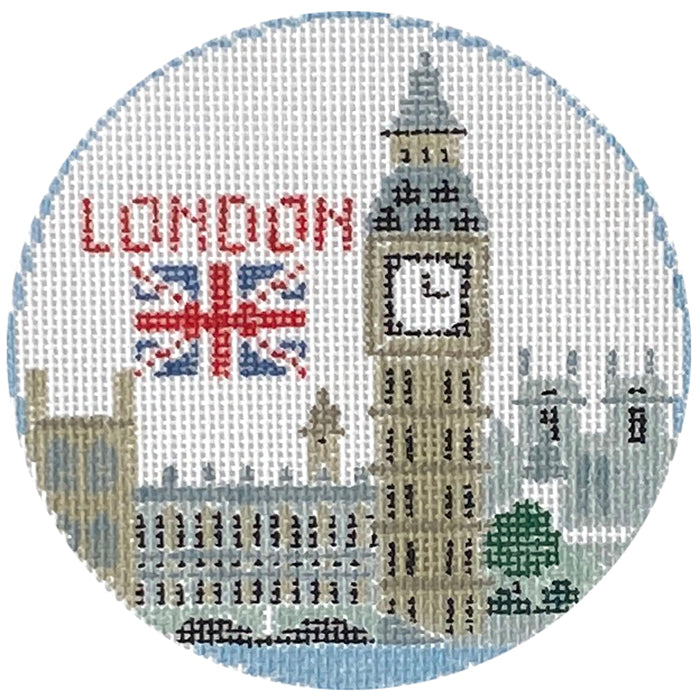 London Round Painted Canvas Kathy Schenkel Designs