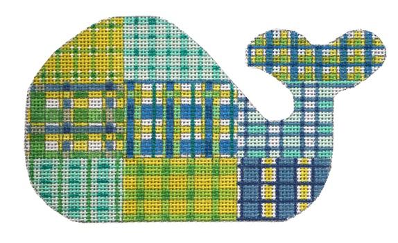 Medium Whale - Madras Blues and Greens Painted Canvas Kate Dickerson Needlepoint Collections