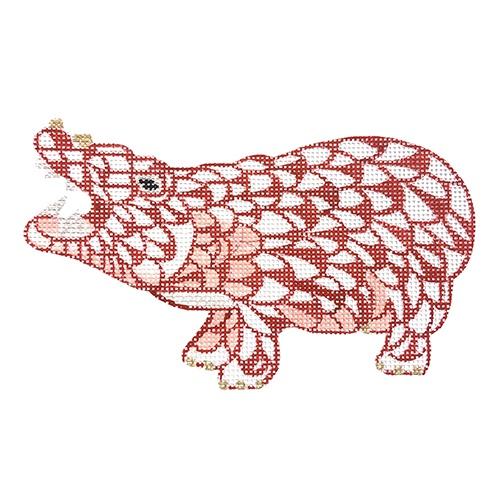 Mini Herend-Style Hippo - Cinnabar Painted Canvas Kate Dickerson Needlepoint Collections