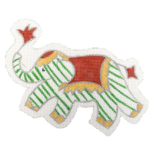 Mini Ornament Elephant Green Stripes w/ Red, Silver & Gold Painted Canvas Kate Dickerson Needlepoint Collections - 1