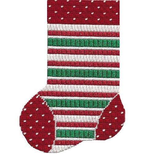 Mini Sock Red, White, & Green Stripe with Stitch Guide Painted Canvas A Stitch in Time