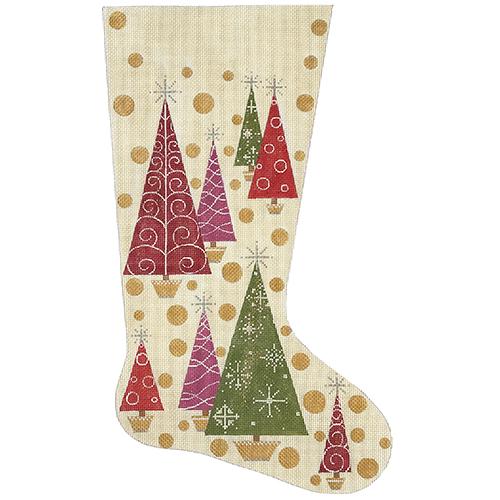 Mod Christmas Trees & Polka Dots Stocking Painted Canvas Alice Peterson Company - 1