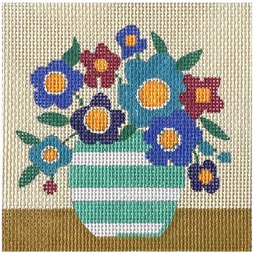 Mod Flowers Blue & Purple on Tan Painted Canvas Amanda Lawford - 1