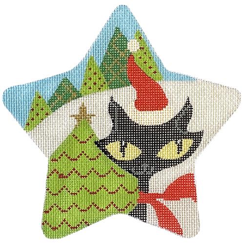 Mod Kitty Christmas Star Traditional Colors Painted Canvas Eye Candy Needleart - 1