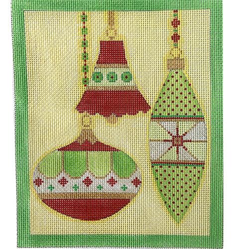Mod Ornament Trio Red & Green Dotted Painted Canvas Eye Candy Needleart - 1