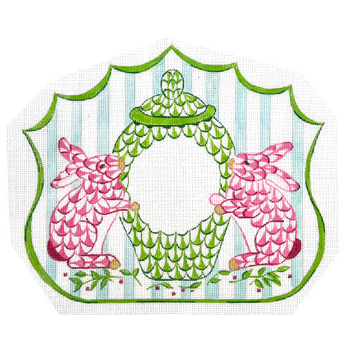 Monogram Crest - Fishnet Bunnies & Porcelain Pot in Pink & Green Painted Canvas Kate Dickerson Needlepoint Collections